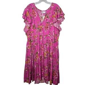 Proud Poppy Alexis Dress Pink Floral Button Front Flutter Sleeves Size XL